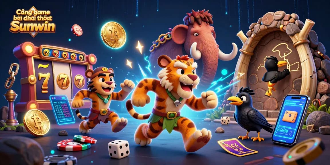 Cổng game bài đổi thưởng Sunwin offers a vibrant scene with animated cavemen and slot symbols focusing on dynamic casino action.