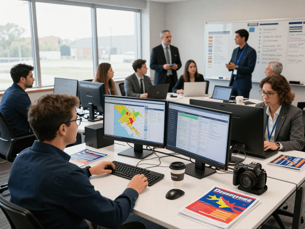 Political campaign manager reviewing data to protect candidate reputation online in a bustling office.