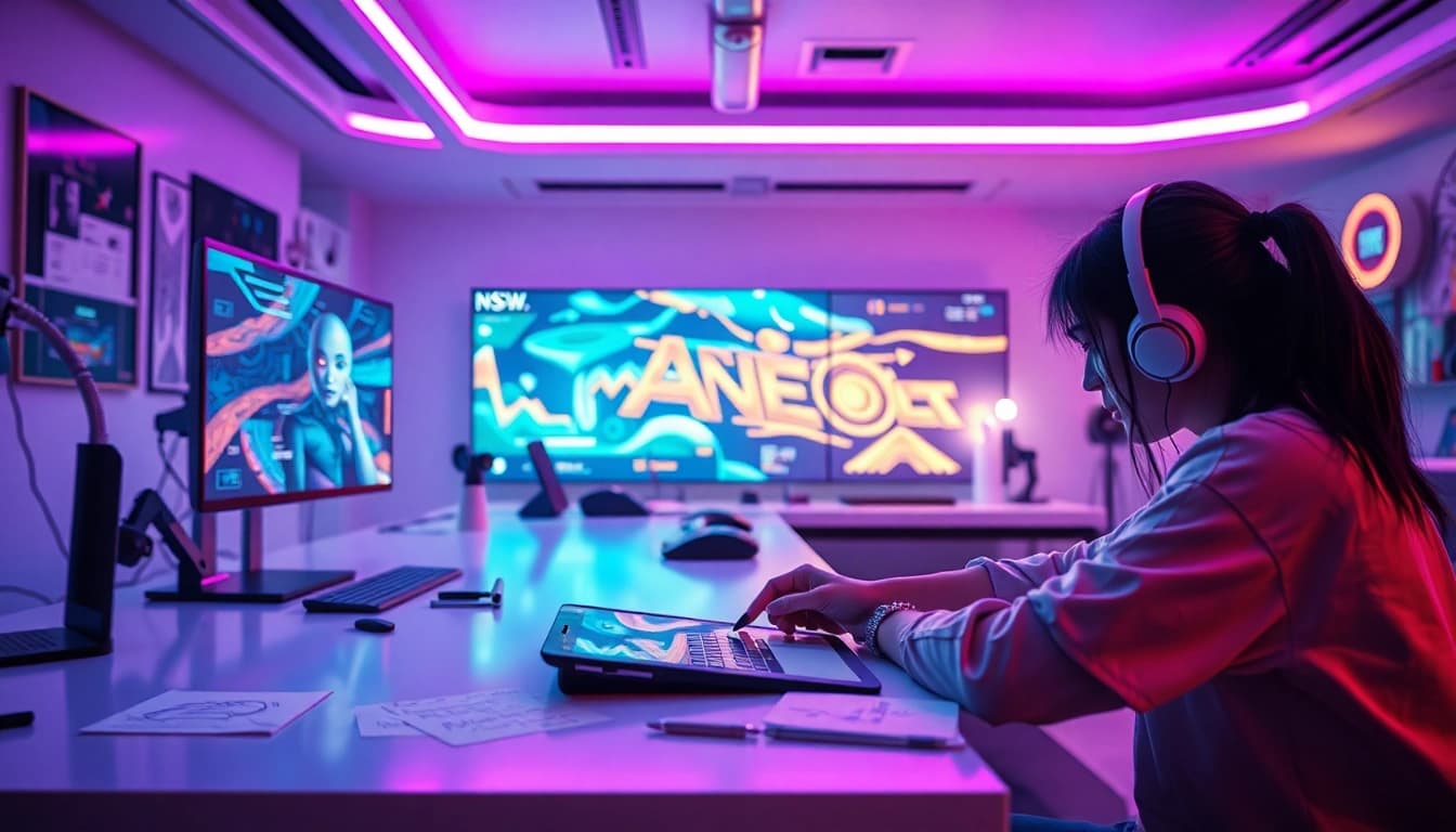 Innovative workspace showcasing digital artists utilizing NSFW AI tools for creative expression