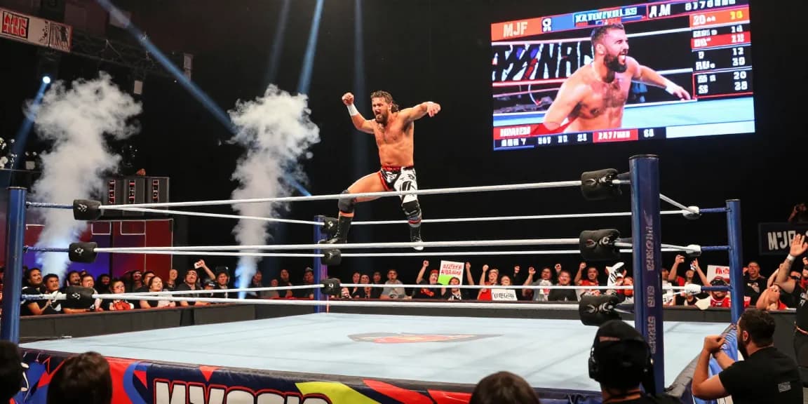 WWE MJF performing a signature move in a lively wrestling arena filled with fans.