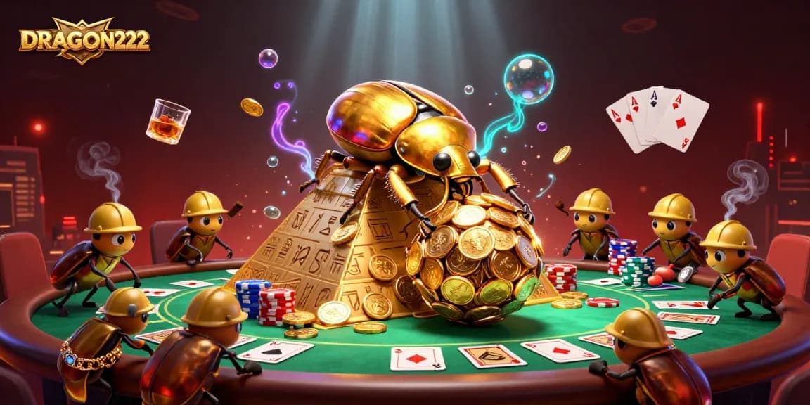 Engage with the exciting world of DRAGON222 as a golden beetle rolls coins to victory amidst casino elements.