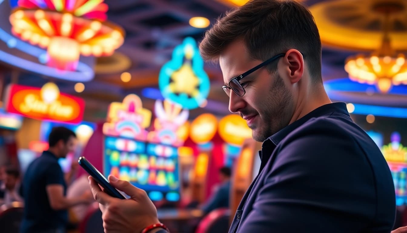 Rasakan keseruan bermain slot deposit 1k dengan seorang pria di kasino yang ramai.