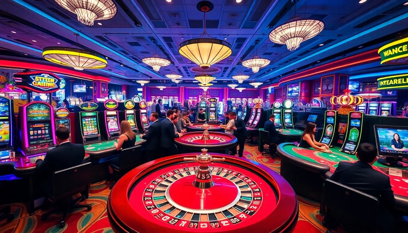 Casino gaming scene featuring KJC brand elements, showcasing vibrant tables and exciting players.