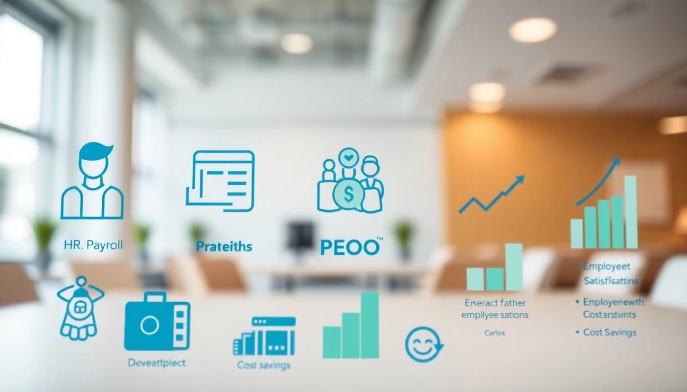 Illustrative infographic showcasing professional employer organization (PEO) benefits and services.