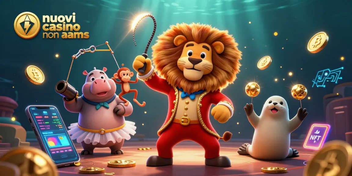 Scopri l'emozione dei nuovi casino non AAMS con personaggi vivaci ed elementi crypto in questa illustrazione dinamica.