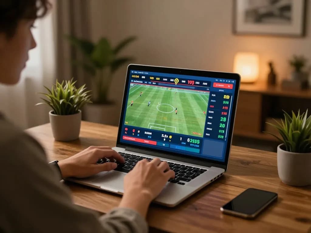 Kèo nhà cái 5 betting setup with a laptop showing live sports odds, creating an engaging gambling atmosphere.