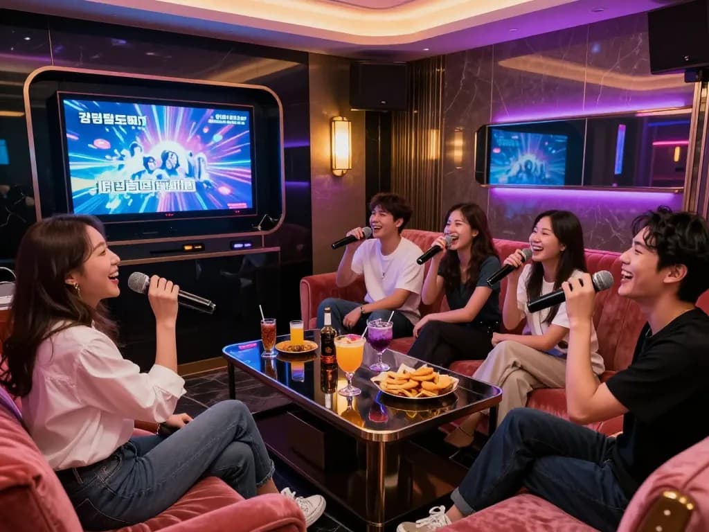 호화로운 환경에서 노래와 칵테일을 즐기는 친구들이 있는 강남달토 노래방의 역동적인 분위기.