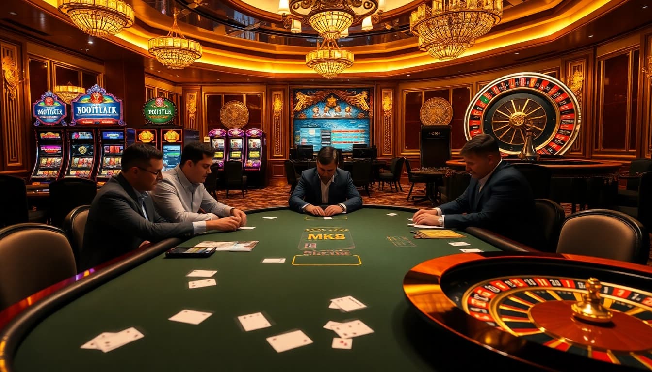 Players engaged at a high-stakes poker table in a vibrant MK8 casino setting.
