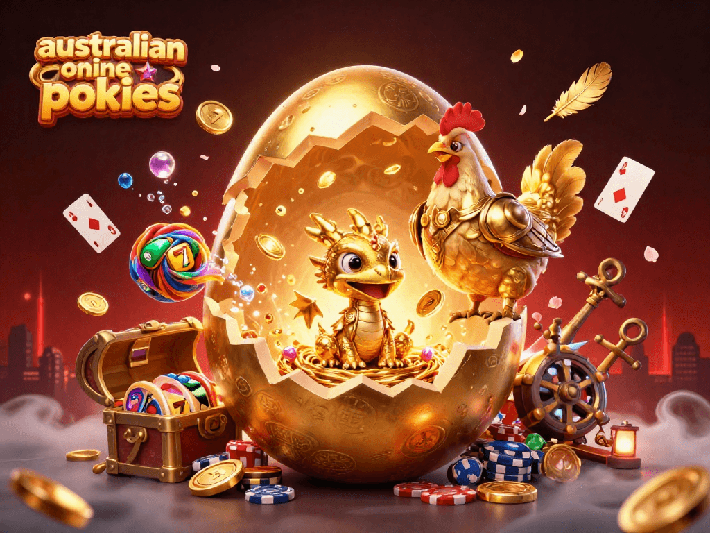 Play australian online pokies with exciting visuals of a golden dragon amidst coins and game symbols.