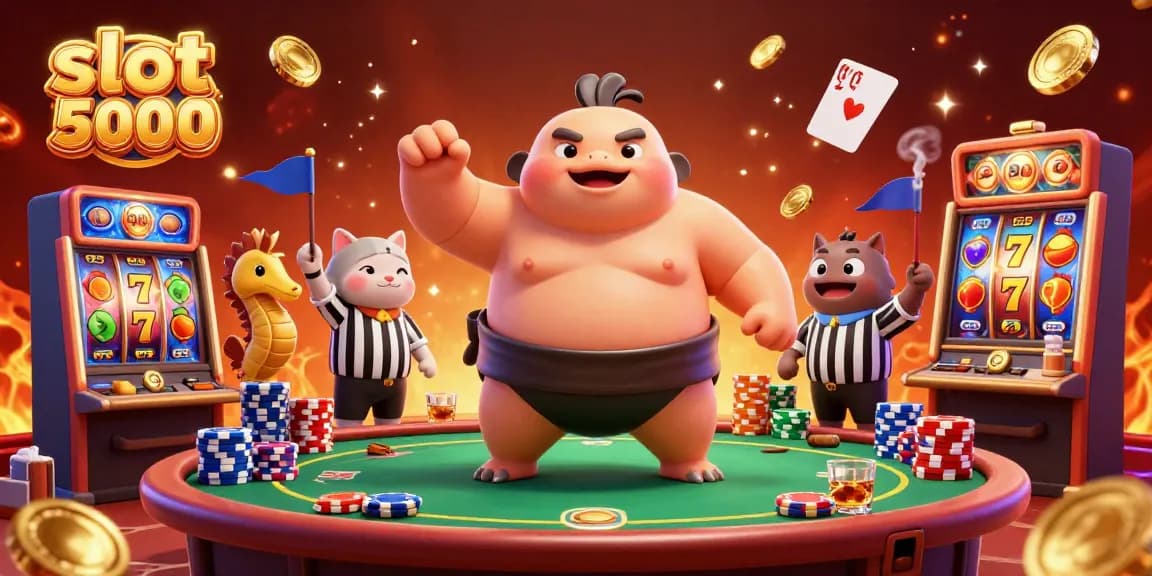 Engage with slot depo 5000 in this vibrant underwater casino scene featuring a fugu referee and lively decorations.