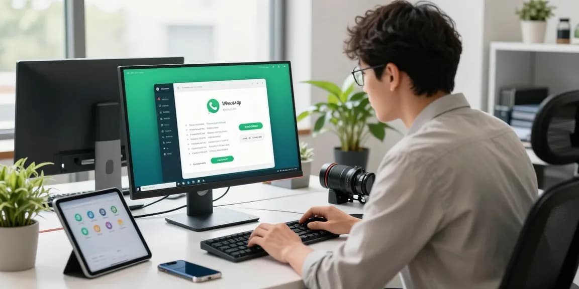 Engaged professional using WhatsApp電腦版 on a modern workspace setup with a sleek monitor and productivity tools.