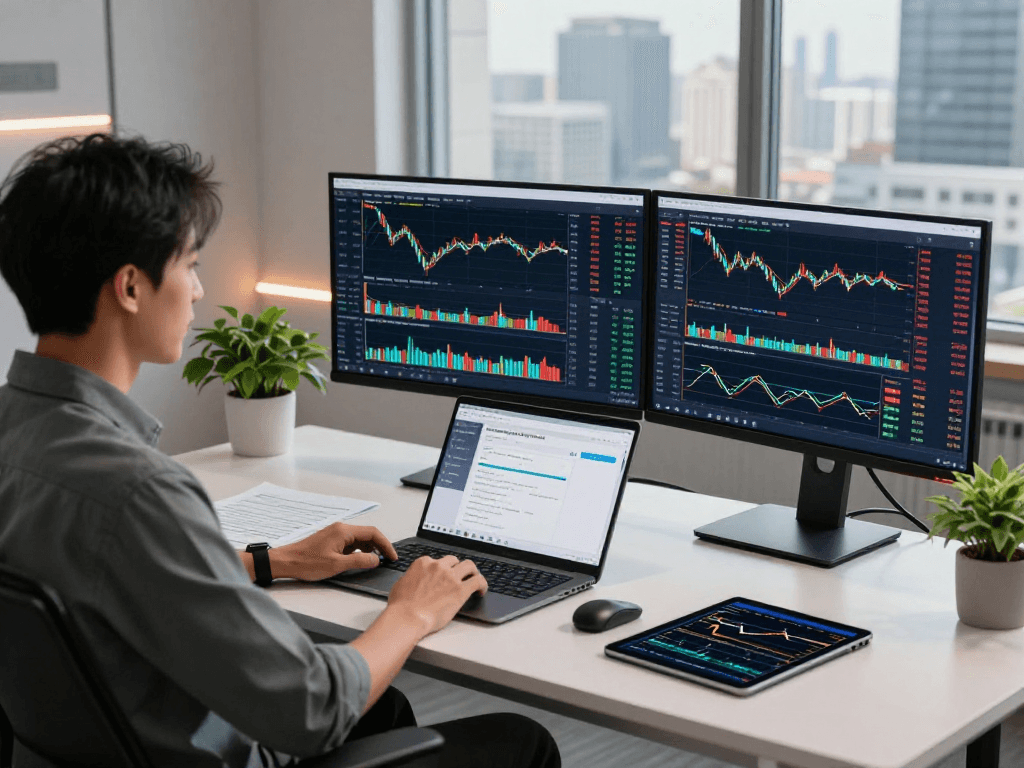 TradingView chart analysis in a professional trading environment with multiple monitors and live data displays.