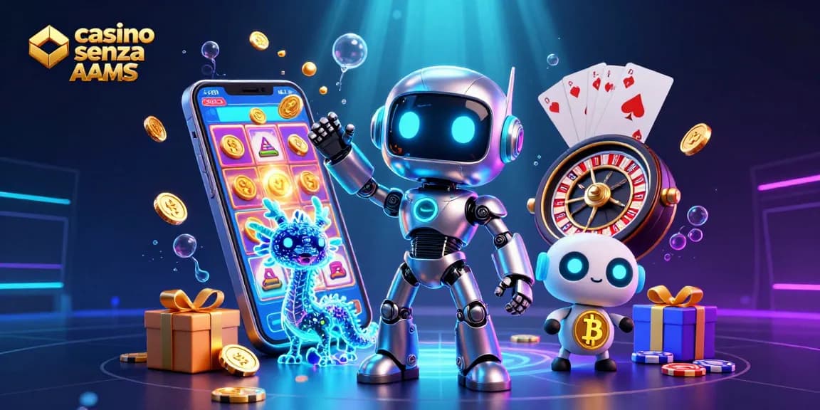 Interagisci con una scena dinamica che mostra elementi dei casinò senza AAMS come un robot cyberpunk, un drago olografico e un drone Bitcoin.