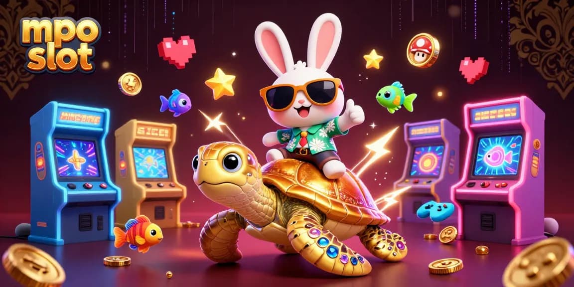 Play mpo slot with the lucky rabbit and golden sea turtle in an exciting 3D casino illustration.