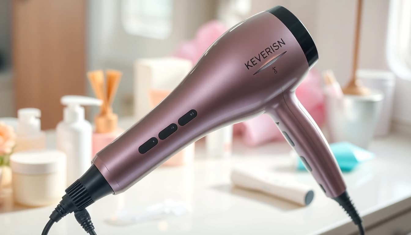 Model using a hair dryer for frizzy hair showcasing its smooth design and functionality.