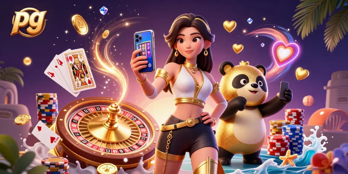 Experience pg slot action with vibrant 3D characters, cascading coins, and a dynamic casino atmosphere.