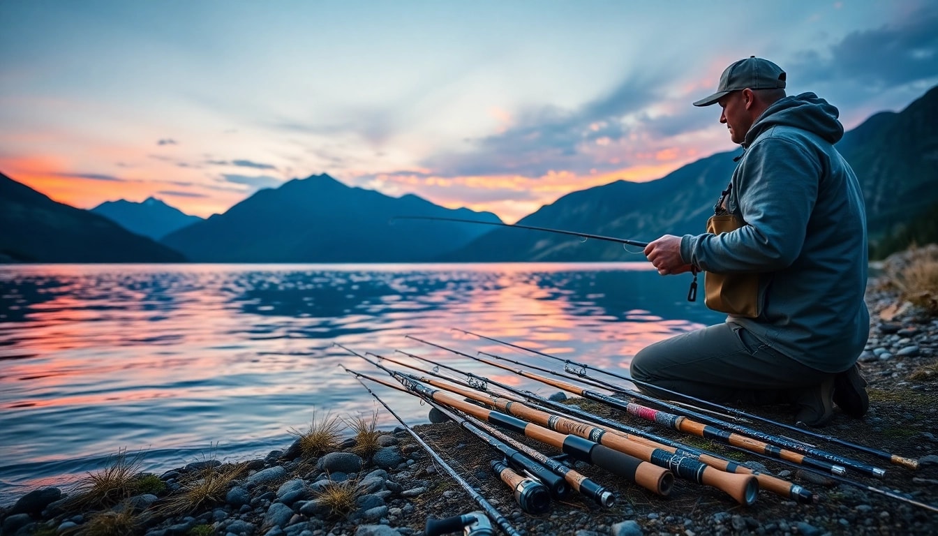 Experience the best fly fishing rods used by an angler at sunset by a mountain lake.