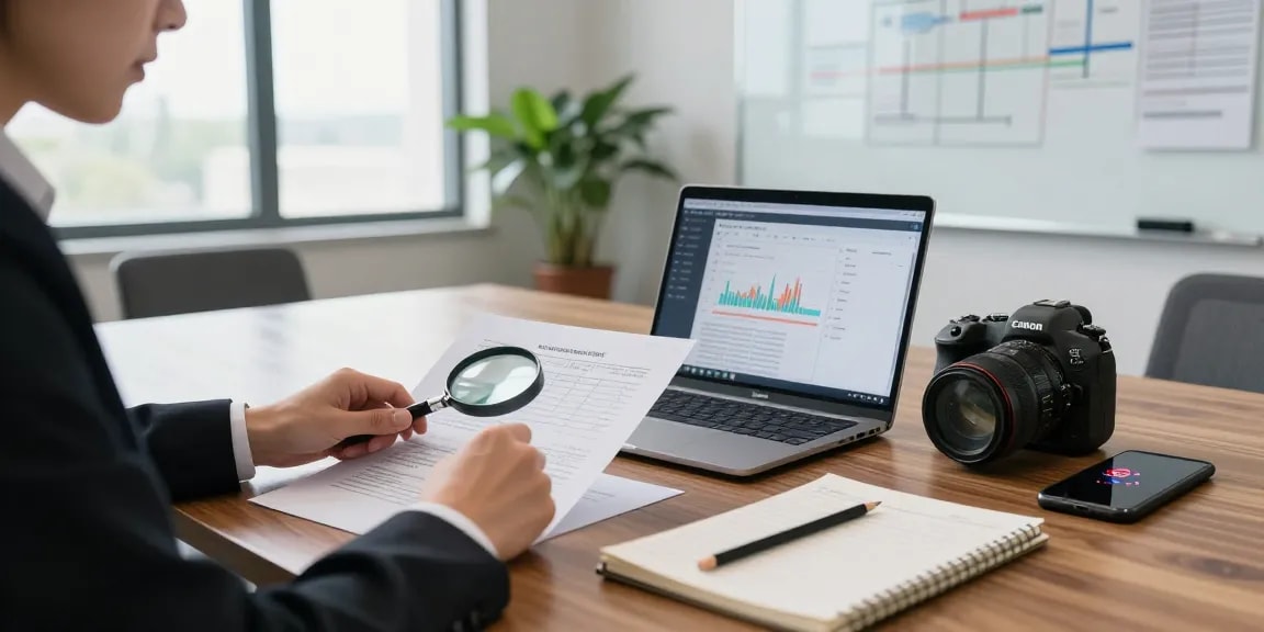 Professional examining financial documents for asset tracing in a modern office setting.