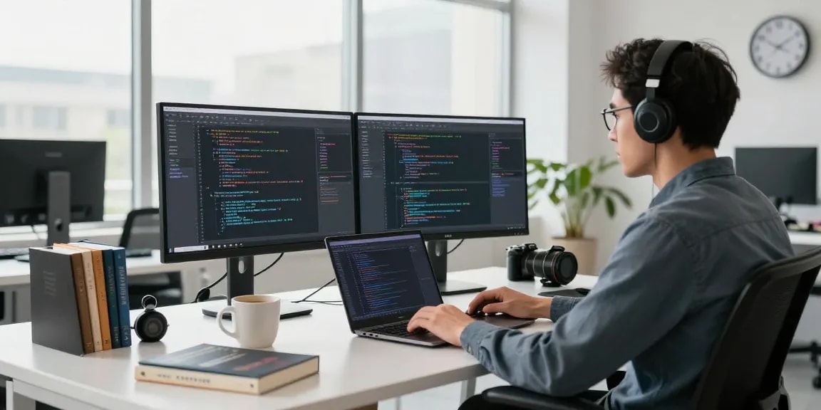 Developer coding on dual monitors in a modern workspace, showcasing telegram中文版 features.