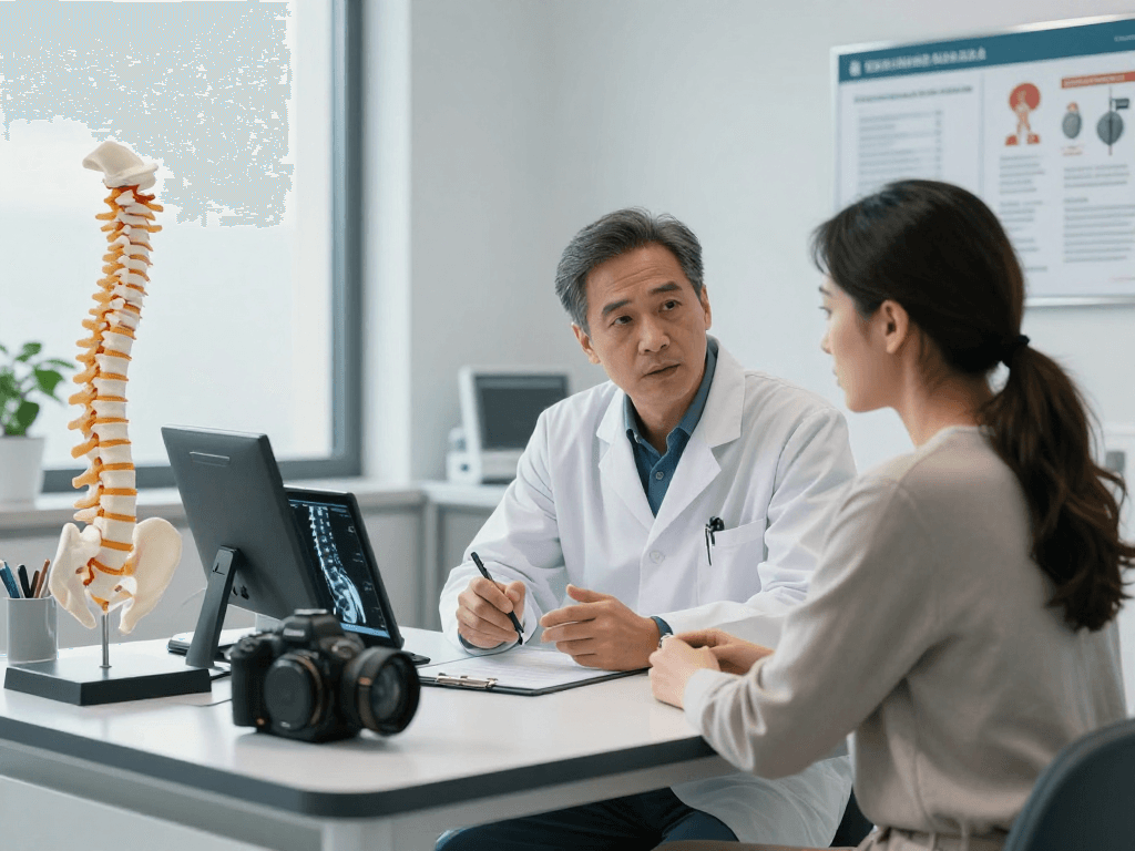 Discussing bel kayması ameliyatı options in a modern clinic setting.