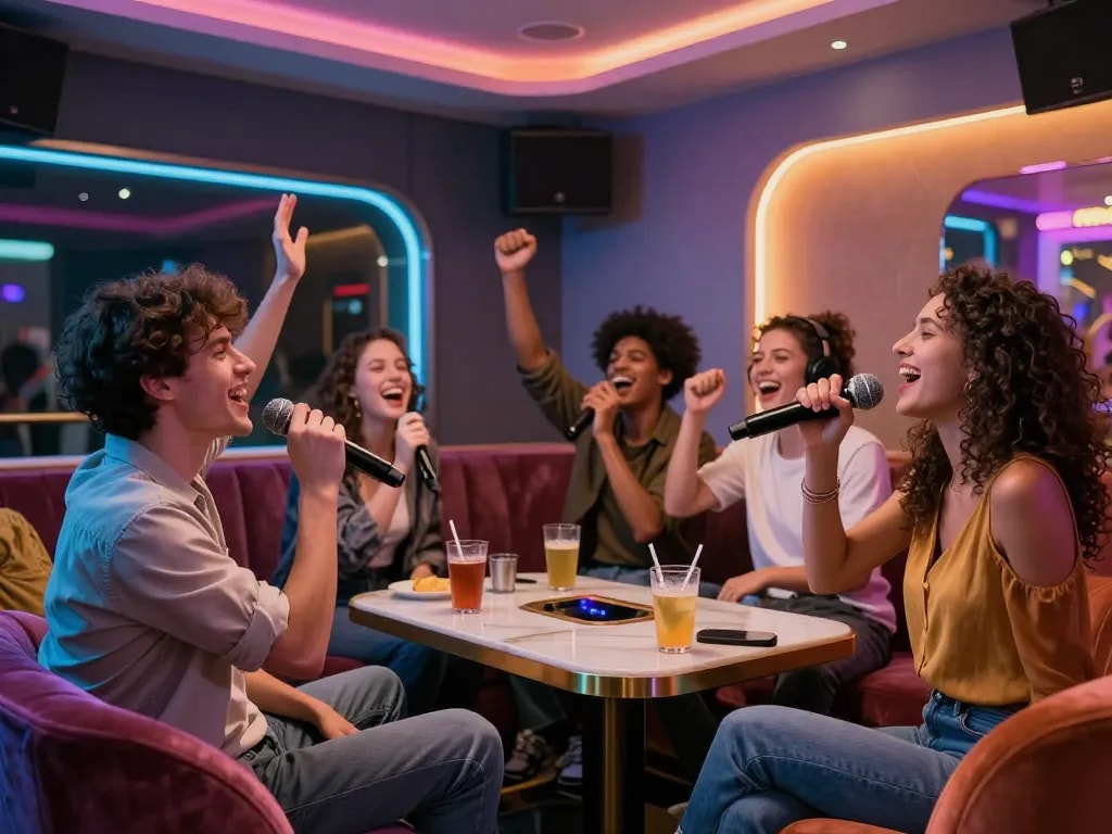 Friends singing joyfully at https://www.magic4karaoke.com/ karaoke venue, showcasing vibrant atmosphere and modern decor.