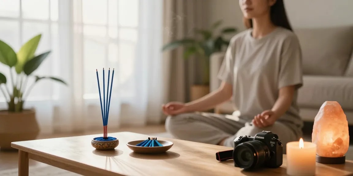 Relaxing moment with liquid-blue-incense sticks and soft candlelight in a serene meditation space.