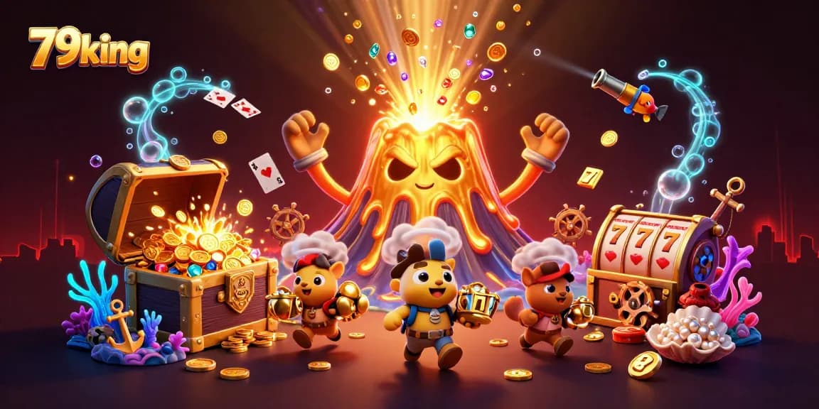 Experience the thrill of 79king with a vibrant 3D casino illustration filled with treasure and excitement.