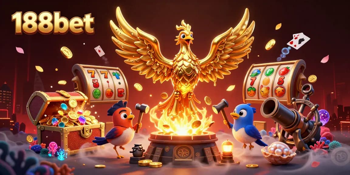 Experience the thrill of 188bet with a dynamic scene filled with gold coins, vibrant games, and engaging characters.