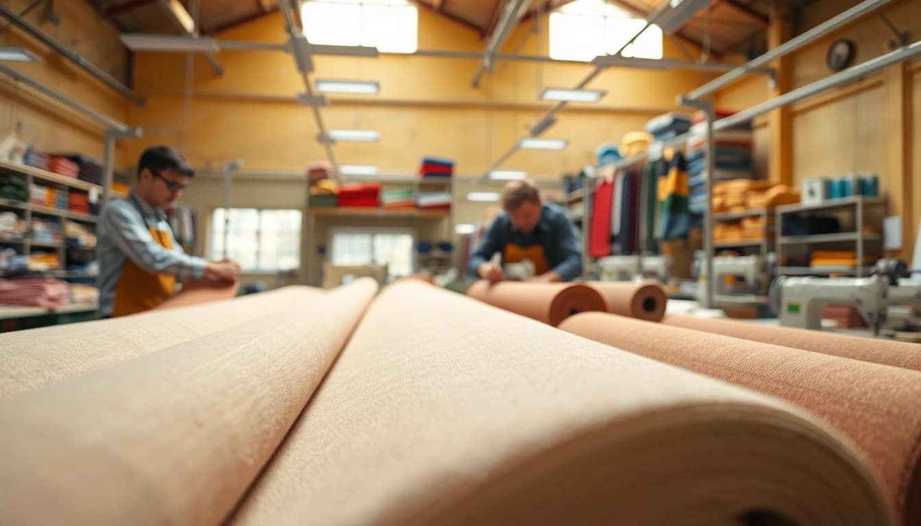 Bekijk de kwaliteit van badstof per meter in een drukke textile werkplaats.