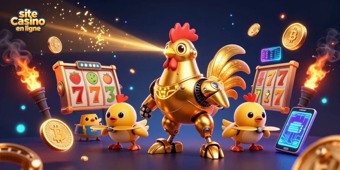 Engagez-vous sur le site casino en ligne avec un robot coq futuriste et des drones poussins, dans un environnement de jeux dynamique.