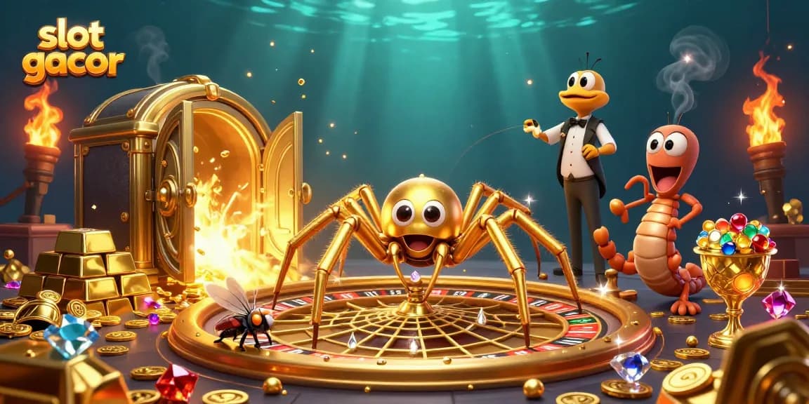 Spin the slot gacor web as the centipede croupier reveals treasures in this vibrant illustration.