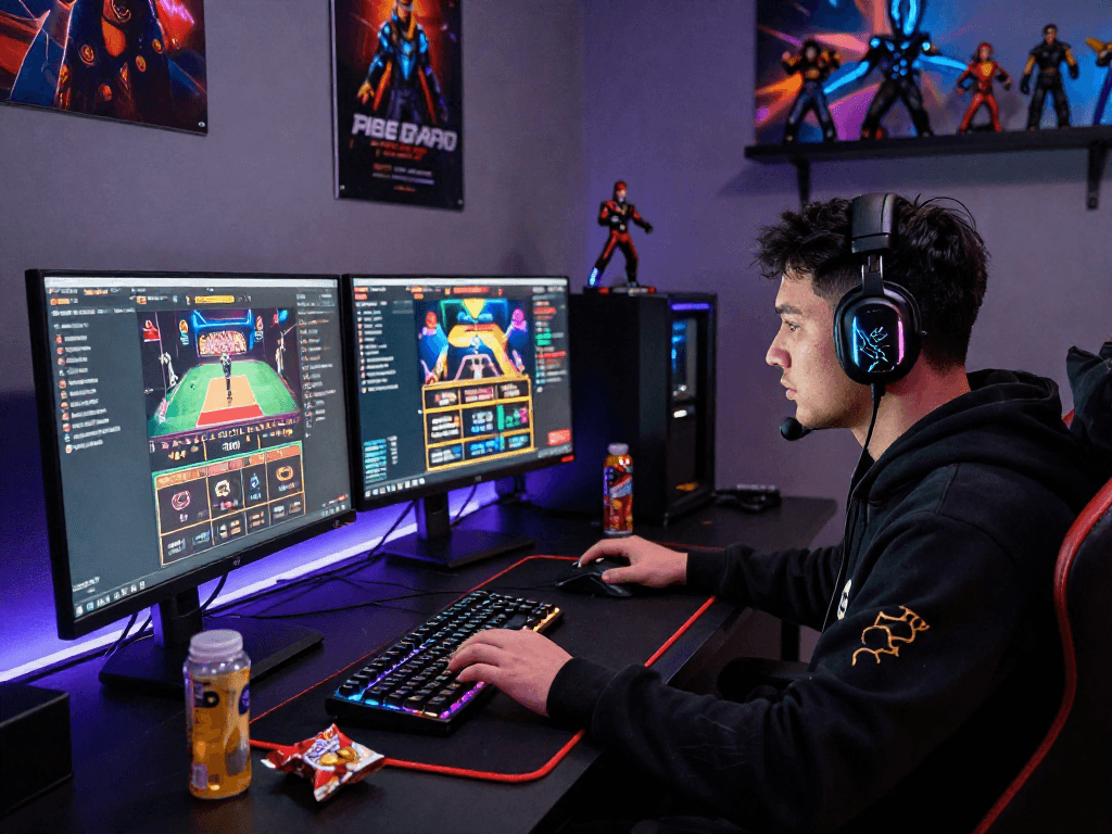 Immerse in gaming excitement with login raja328 at a vibrant setup featuring dual monitors and gaming gear.