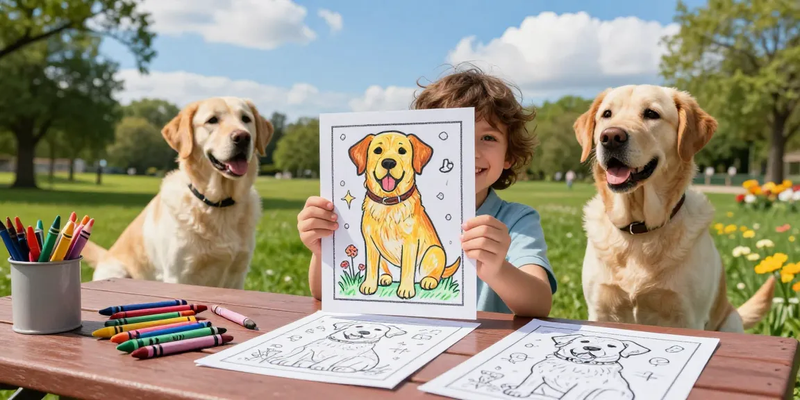 Child showcasing a colorful Labrador retriever coloring page, emphasizing creative exploration with cartoon character coloring pages.