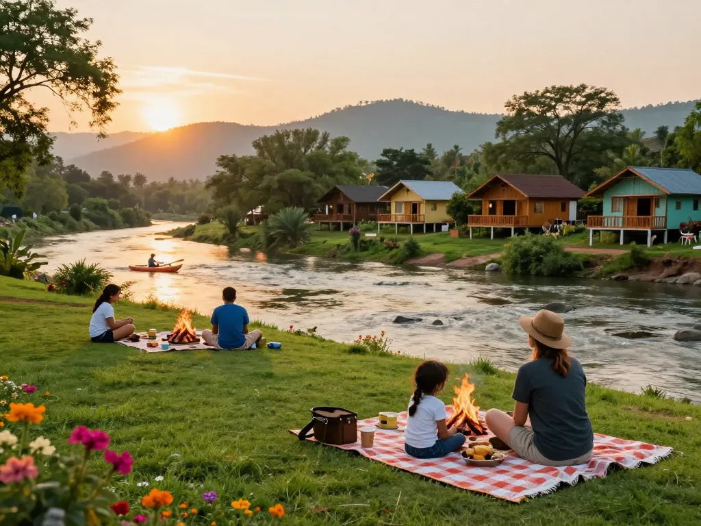 Dandeli resorts packages offering family relaxation by the riverside at sunset, kayaking, and picnic setup.