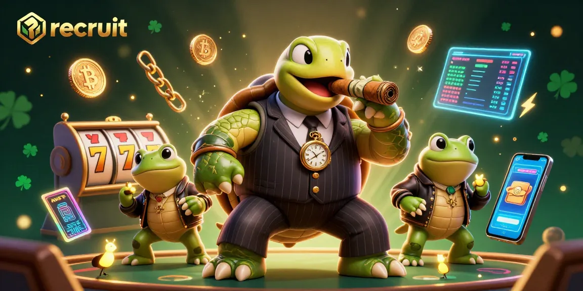 Recruit players enjoying slot games with a powerful turtle, showcasing vibrant 3D casino action.