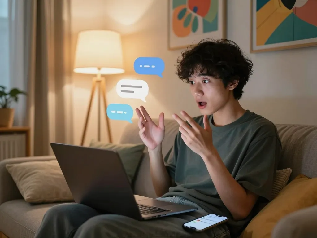 Engaging scene depicting a cozy atmosphere for nsfw ai chat with a person using a laptop and smartphone.