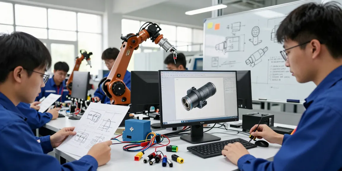 Engineers collaborating on automotive connector designs in a bright manufacturing facility.