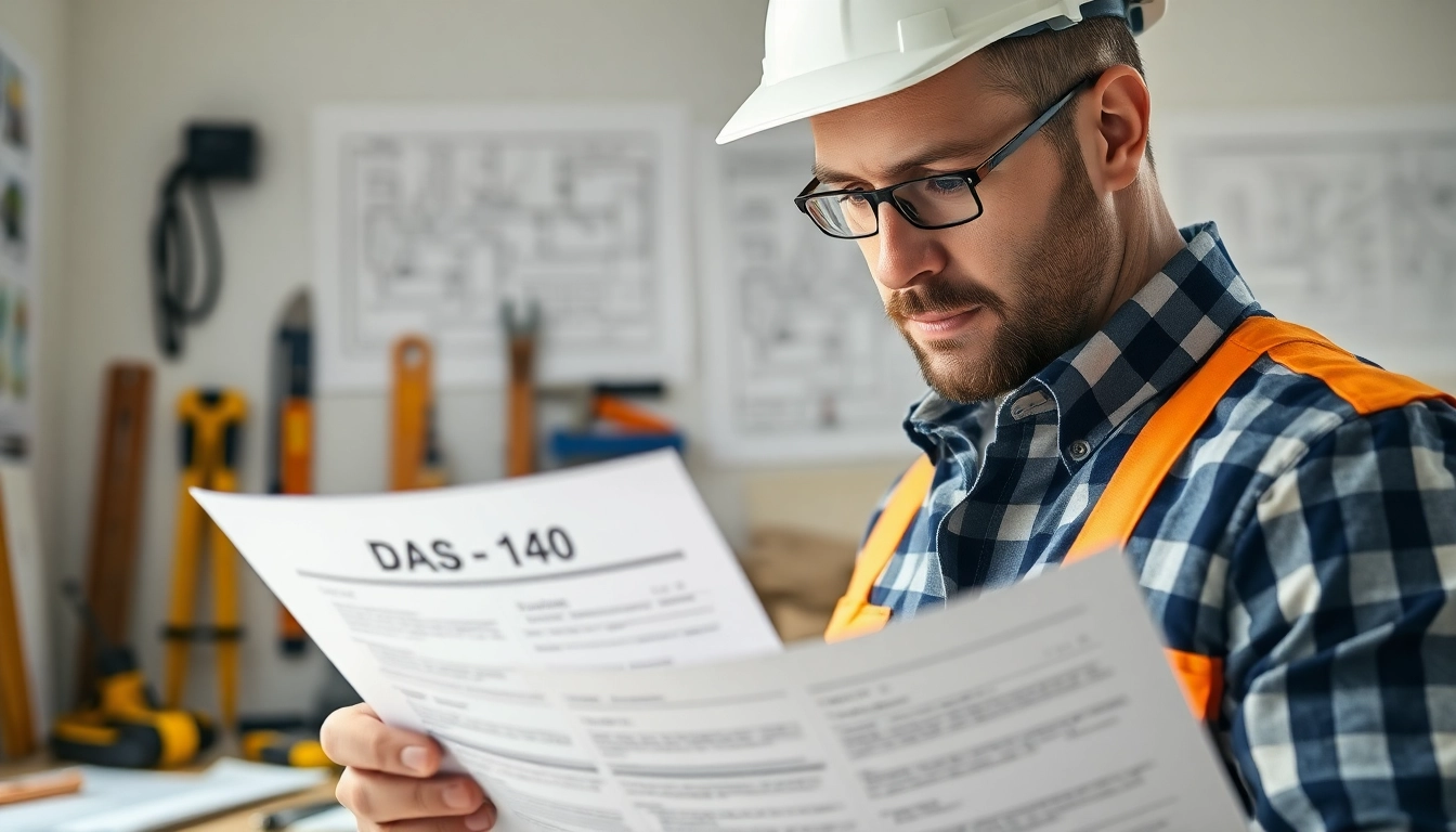 Contractor examining das 140 form with tools and blueprints in a construction office