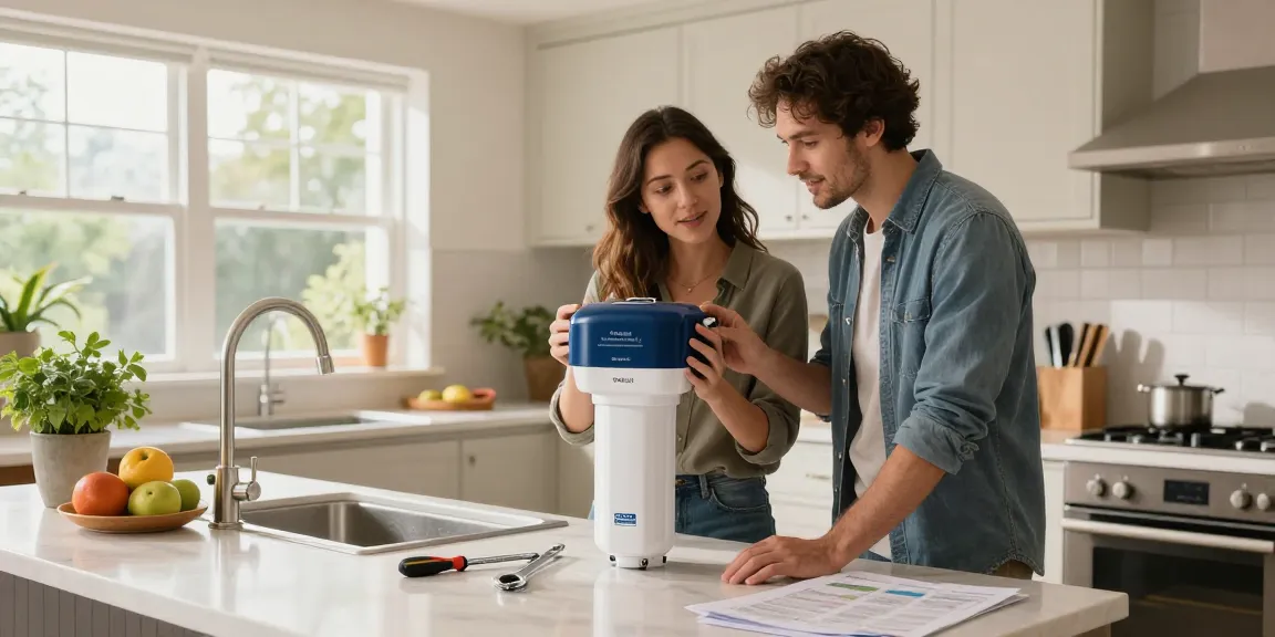 Couple installing Overbest 10 x 4.5 Whole House Water Filter Replacement for 3M® Aqua-Pure® AP810 in a modern kitchen.