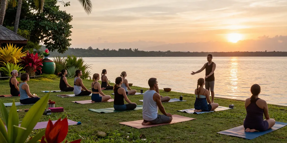 Lanka Yoga retreat during sunset session by Koggala Lake with practitioners in serene poses, surrounded by tropical plants.