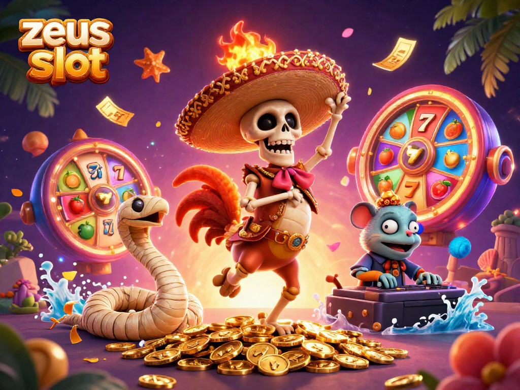 Experience zeus slot action with vibrant characters dancing on golden coins in an engaging casino scene.