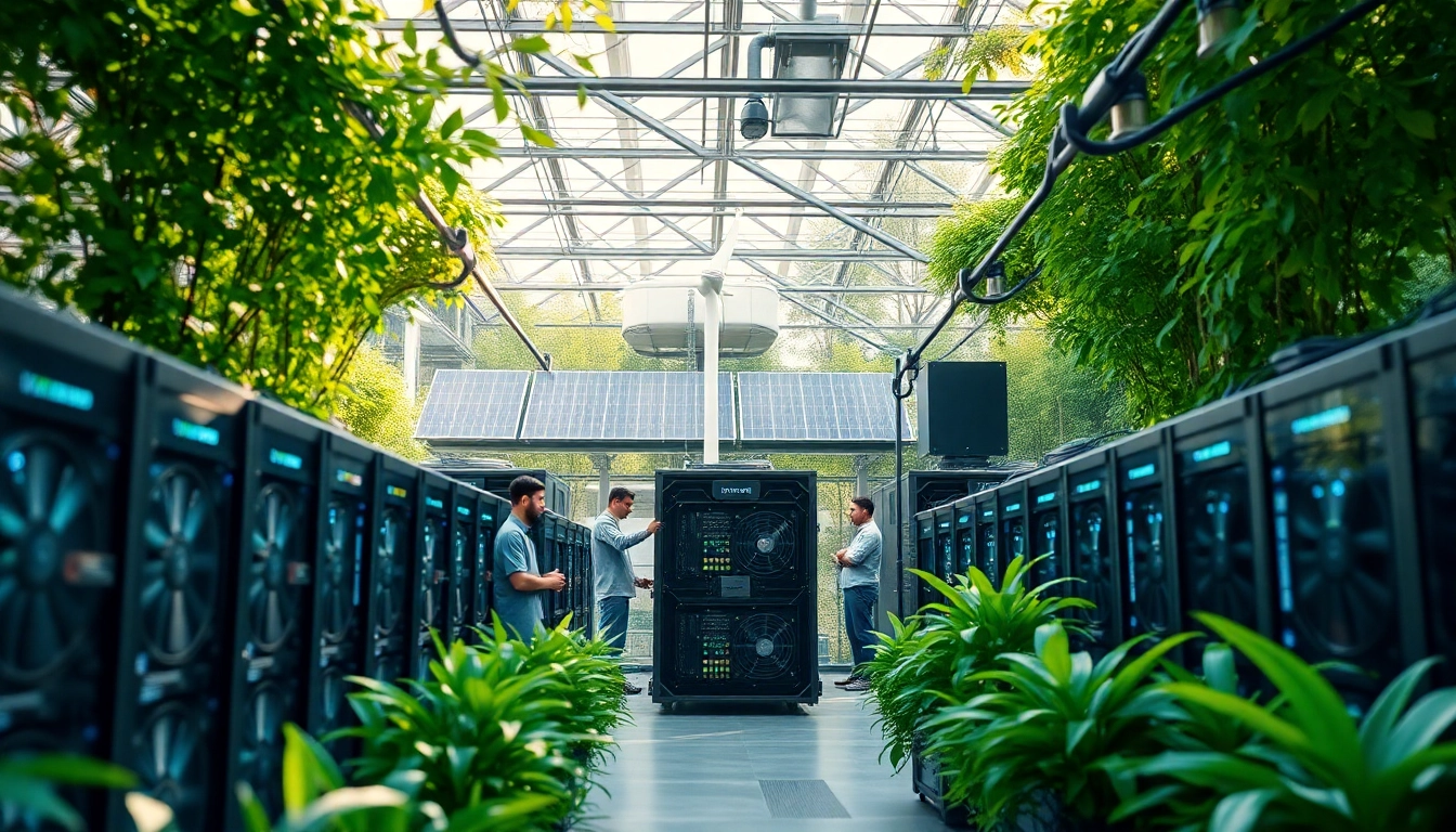 Smart cloud mining facility integrating renewable energy sources for sustainable cryptocurrency production.