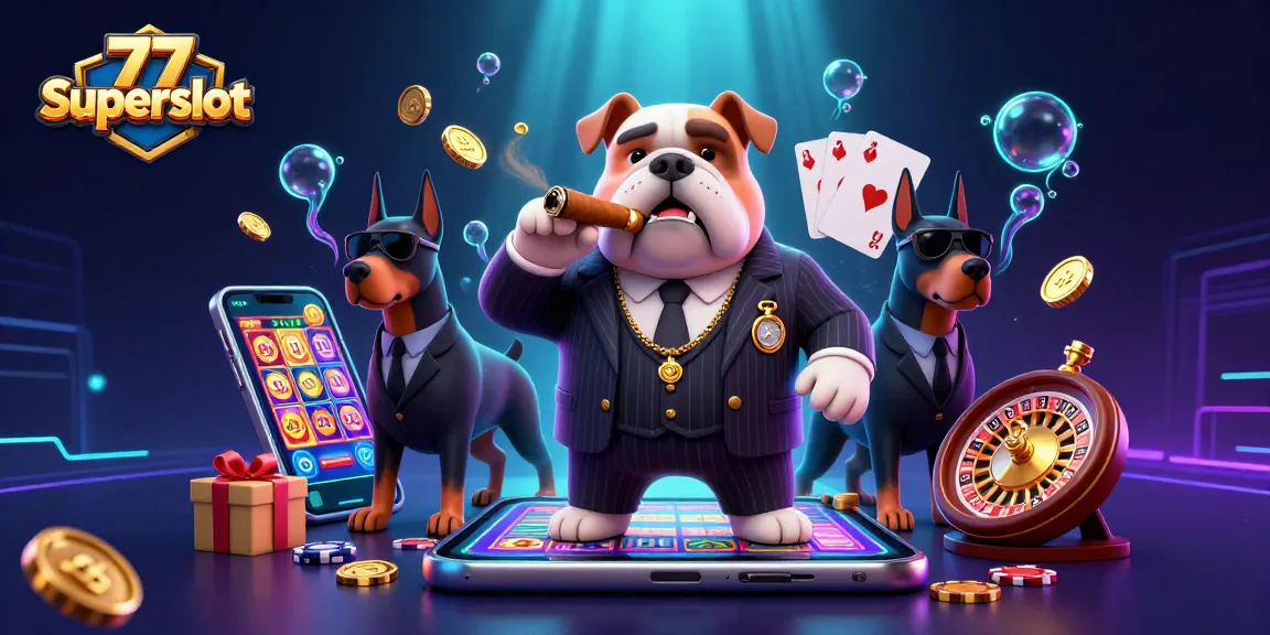 Menangkan jackpot dengan 77 Superslot dalam ilustrasi kasino 3D yang penuh warna dan dinamis.
