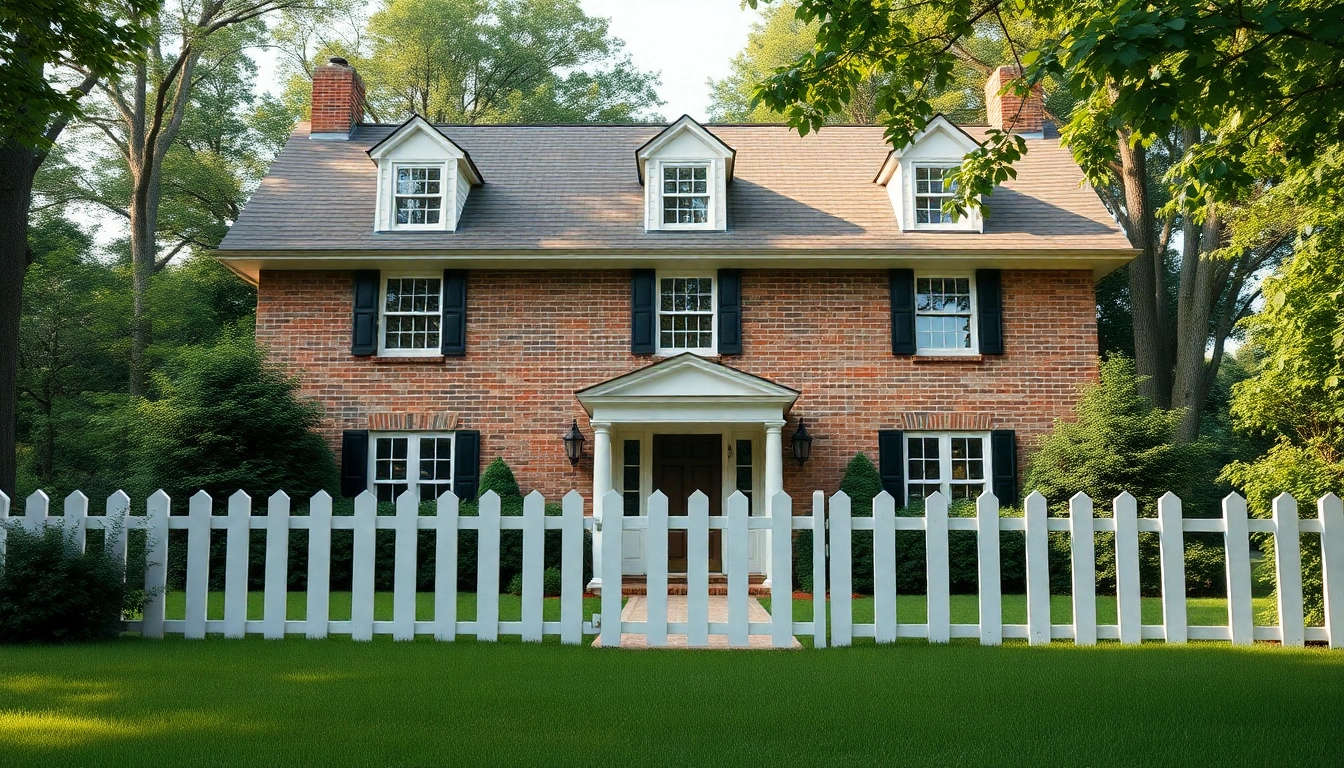Beautiful colonial home build featuring lush greenery and a white picket fence.