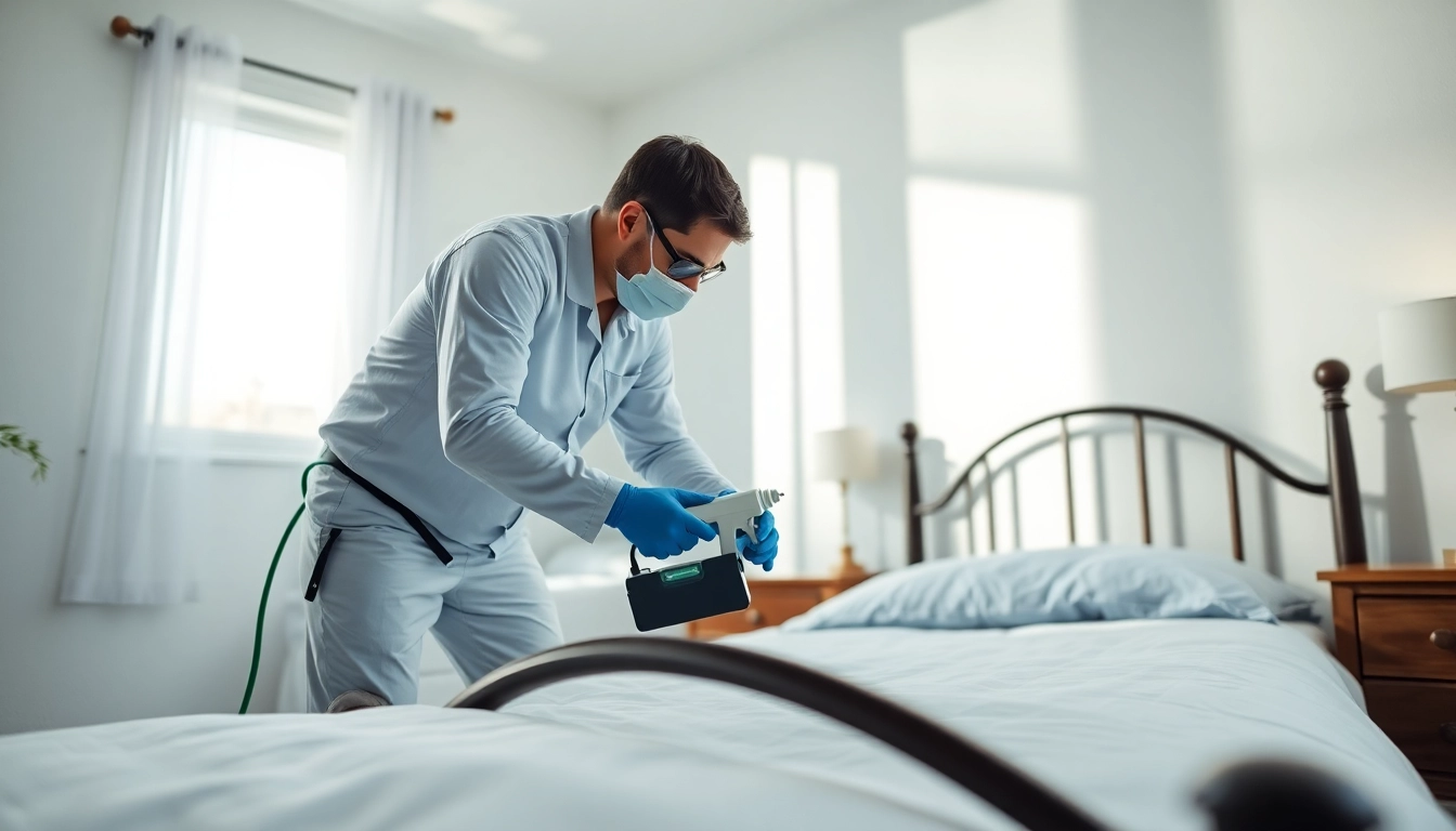 Bed bug exterminator waukesha applying treatment in a residential bedroom