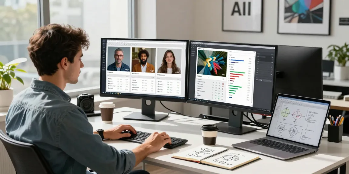 AI detector analysis in a modern workspace with dual monitors and intricate software tools.