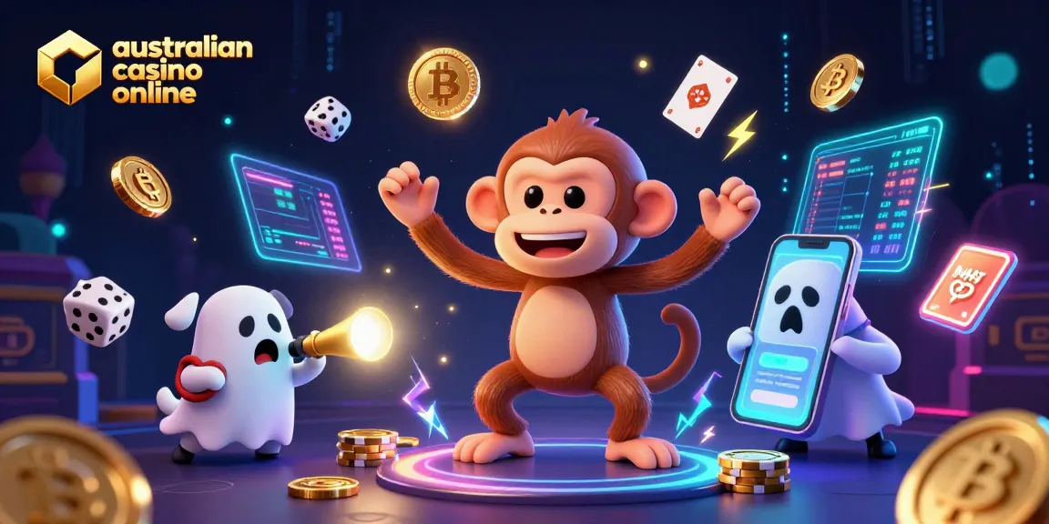 Experience the excitement of australian casino online with a playful poltergeist monkey and ghost-hunter puppy in a vibrant scene.
