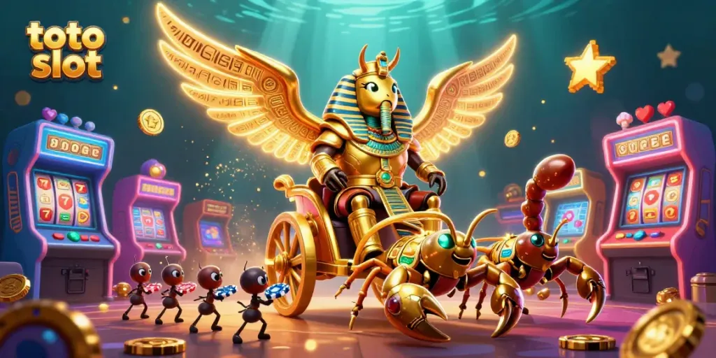 Engage in thrilling toto slot action with a golden scarab and dynamic casino elements.