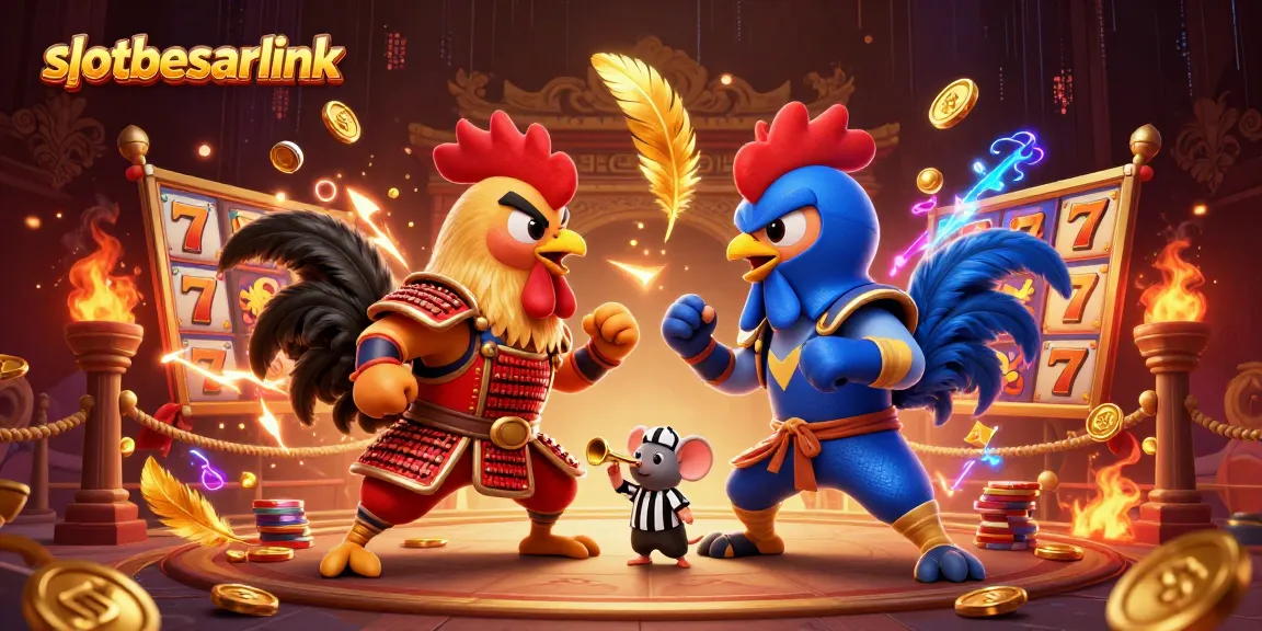 Experience thrilling gameplay and big wins with slotbesarlink, featuring dynamic roosters in a vibrant casino setting.