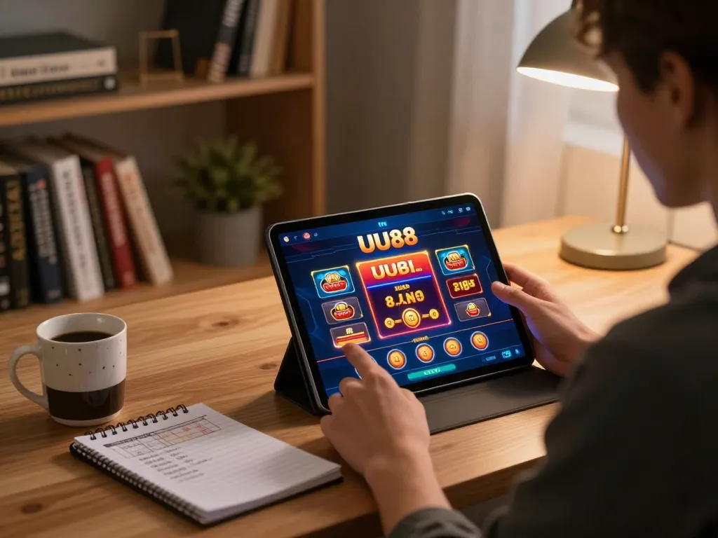 Person playing on the UU88 casino app at a modern desk, highlighting engaging gameplay.